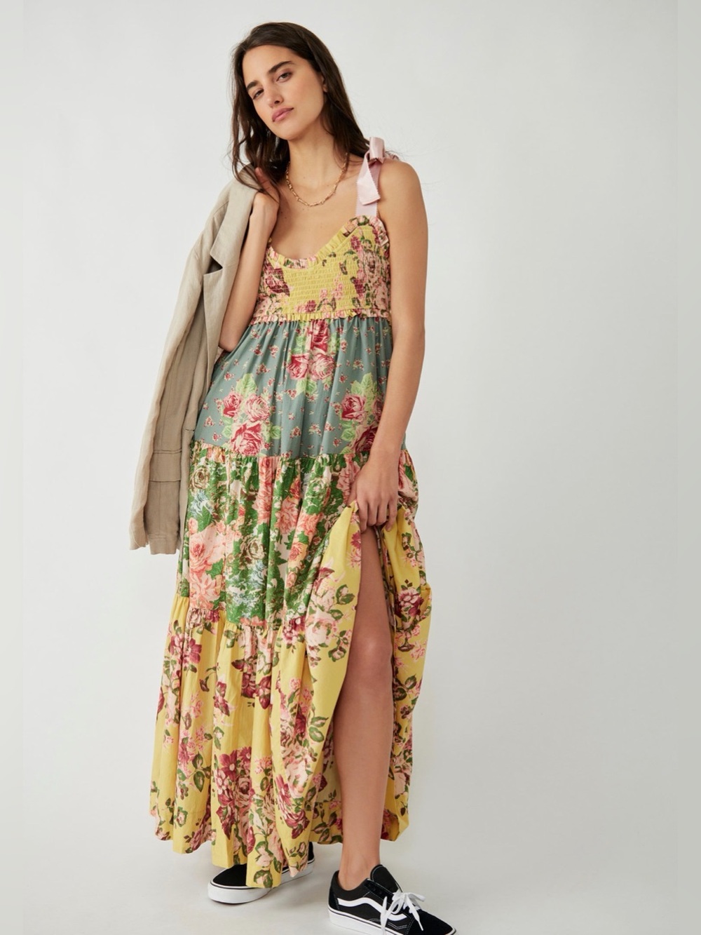 Free People Womens Bluebell Antique Combo Cotton Maxi Dress, Smocked Med - Picture 2 of 11
